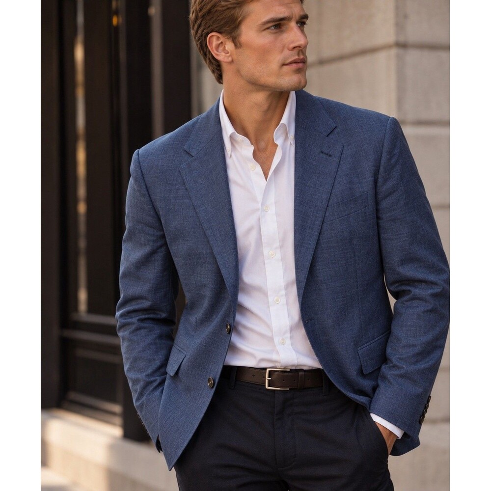 J Crew Ludlow Suit Jacket Mens 38R Blue Italian Wool Wide Lapel Slim G1142